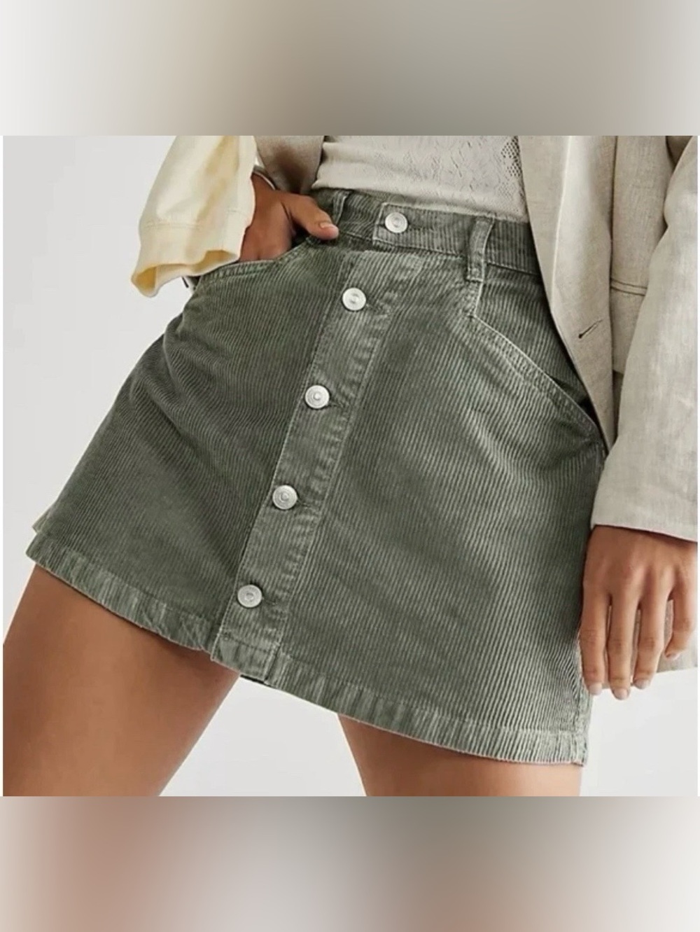 Free People Ray Corduroy Button-Front Mini Skirt washed army green size 4 NWT